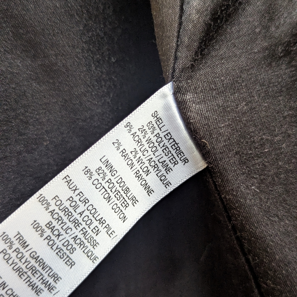 Black Grey Plaid Wool Coat Faux Fur Collar Long Jacket Warm Goth Cozy - Picture 11 of 13